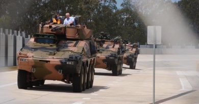 Prime Minister Scott Morrison in a Boxer combat reconnaissance vehicle at the Rheinmetall Military Vehicle Centre of Excellence (MILVEHCOE) in Ipswich, Queensland. Photo from the PM's Facebook page.