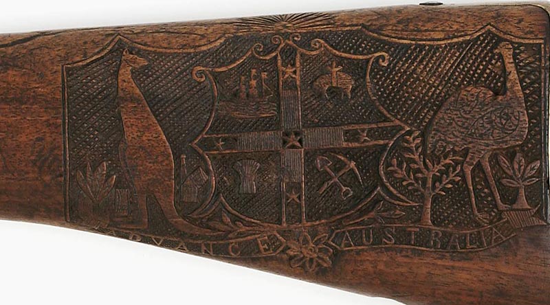 View and rotate this Lee Enfield rifle butstock carved by Farrier Sergeant Percy King of the 5th Victorian Mounted Rifles during the Boer War, in the Australian War Memorial's on-line 3D Treasures exhibition. Image AWM REL/15154.