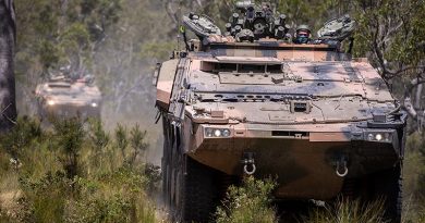 Soldiers from the 2nd/14th Light Horse Regiment (Queensland Mounted Infantry) conduct cross-country training in the new Boxer CRV at Wide Bay Training Area, Queensland. Photo by Trooper Jonathan Goedhart.