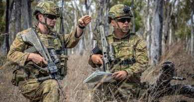 ADF Gap Year officer Lieutenant Gabriel Sohn, right, of 6 RAR, with Lieutenant Samuel Jenner during an exercise at Shoalwater Bay, Queensland. Photo by Trooper Jonathan Goedhart.