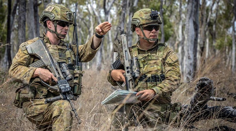 ADF Gap Year officer Lieutenant Gabriel Sohn, right, of 6 RAR, with Lieutenant Samuel Jenner during an exercise at Shoalwater Bay, Queensland. Photo by Trooper Jonathan Goedhart.