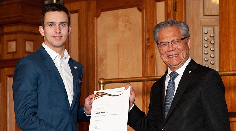 CSGT Austin Arnold receives his Gold Award certificate at Adelaide Town Hall from Governor of South Australia Hieu Van Le. Image courtesy of The Duke of Edinburgh’s International Award – South Australia.
