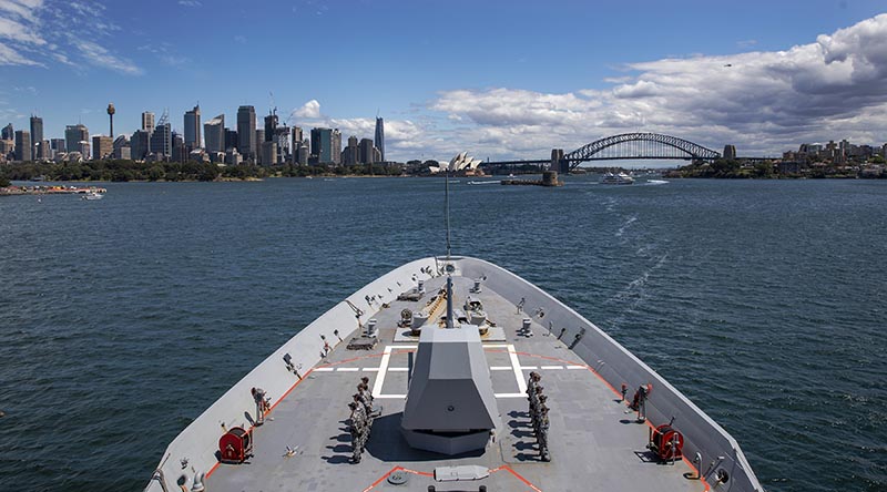 HMAS Hobart returns to her home port of Fleet Base East in Sydney after the successful completion of Regional Presence Deployment 2020. Photo by Leading Seaman Christopher Szumlanski.