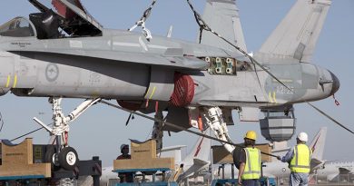 F/A-18A Hornet A21-022 is lifted onto stands at RAAF Base Williamtown in preparation for its move to the Australian War Memorial, Canberra. Photo by Sergeant Brett Sherriff.