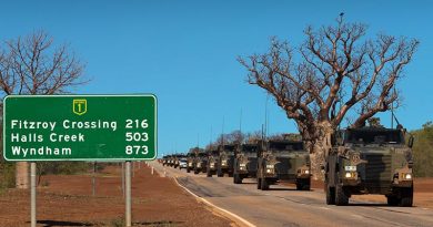 Australian Army Bushmaster protected mobility vehicles from Darwin-based 1st Brigade drive along the Great Northern Highway during Exercise Northern Shield 2016. Photo by Corporal David Said.