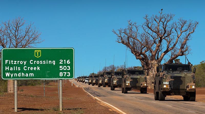 Australian Army Bushmaster protected mobility vehicles from Darwin-based 1st Brigade drive along the Great Northern Highway during Exercise Northern Shield 2016. Photo by Corporal David Said.