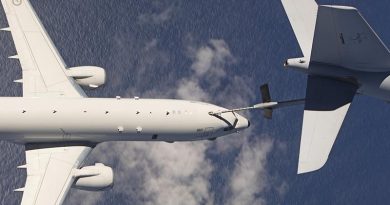 A P-8A Poseidon from No. 11 Squadron Royal Australian Air Force takes fuel from a RAAF KC-30A multi-role tanker transport from No. 33 Squadron for the first time, off the Queensland coast. Photo by Corporal Brett Sherriff.