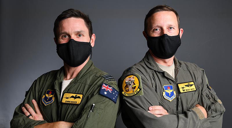 Royal Australian Air Force Maj. (sic) Christopher Baker, 61st Fighter Squadron instructor pilot, and U.S. Air Force Lt. Col. Tom Hayes, 61st FS commander, at Luke Air Force Base, Arizona. US Air Force photo by Airman 1st Class Brooke Moeder.