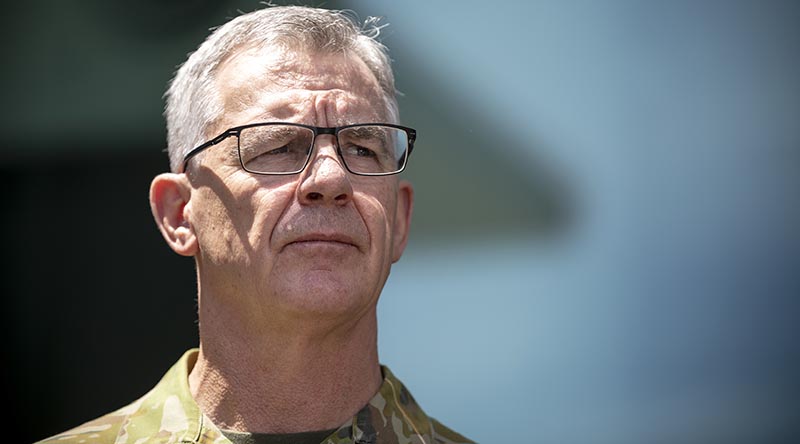 Chief of Army Lieutenat General Rick Burr fielding media questions at Russell Offices, Canberra. Photo by Lauren Larking.