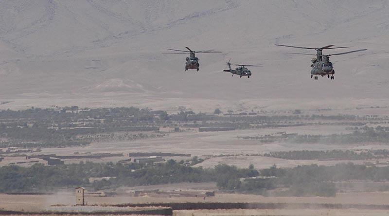 Coalition helicopter movements in Tarin Kowt, Afghanistan, October 2006. Photo by Brian Hartigan.