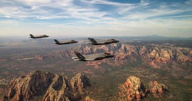 Two USAF and two RAAF F-35A Lightning II aircraft assigned to the 61st Fighter Squadron at Luke Air Force Base, Arizona, fly in formation during a commemoration flight. Photo by USAF Staff Sergeant Alexander Cook.