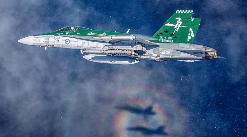 F/A-18A Hornet A21-39 from No. 77 Squadron off the coast of Newcastle, NSW. Photo by Sergeant David Gibbs.
