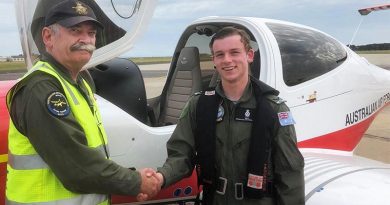 LCDT Aaron May, No 408 Squadron, is congratulated by EFTS Head of Operations SQNLDR Gary Presneill following his first solo flight in the Diamond DA40 NG at Point Cook, 5 October 2019. Photo by SQNLDR (AAFC) Scott Wiggins.