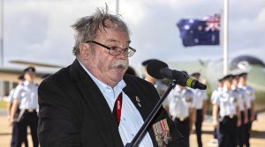No. 2 Squadron Association member Tomas 'Paddy' Hamilton recites the poem he wrote in memory of Magpie 91 during a 50th anniversary commemorative service at RAAF Base Williamtown. Photo by Corporal Brett Sherriff.