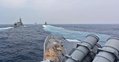 HMAS Ballarat conducts maritime manoeuvres with ships from the Japanese, Indian and United States navies during Exercise Malabar 2020. Photo by Leading Seaman Shane Cameron.