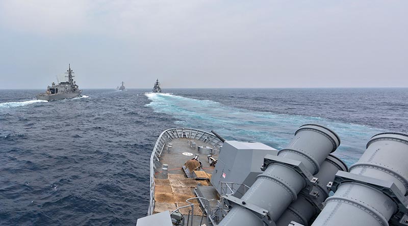 HMAS Ballarat conducts maritime manoeuvres with ships from the Japanese, Indian and United States navies during Exercise Malabar 2020. Photo by Leading Seaman Shane Cameron.