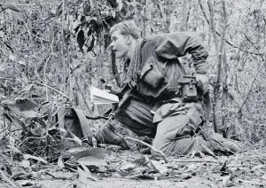 5RAR Support Company Reconnaissance Platoon Commander Michael von Berg about to call in artillery during an enemy contact on Operation Renmark in the Long Hai Mountains in Phuoc Tuy province, Vietnam, in 1967.