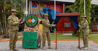 Commander Regional Force Surveillance Group Colonel John Papalitsas, Commander Forces Command Major General Mathew Pearse and Commander 2nd Division Major General Kathryn Campbell officially open the Regional Force Surveillance Group Training and Education Centre on Defence Establishment Berrimah, Northern Territory. Photo by Corporal Rodrigo Villablanca.
