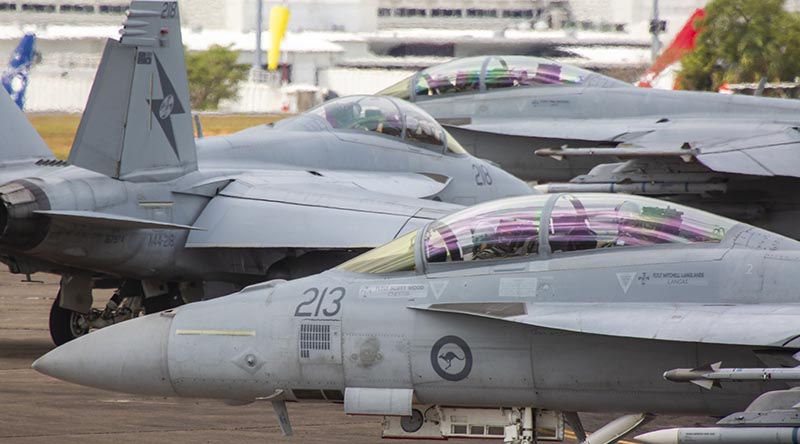 RAAF F/A-18F Super Hornets, from No. 1 Squadron, line up for a sortie out of RAAF Base Darwin during Exercise Diamond Storm. Photo by Corporal Craig Barrett.