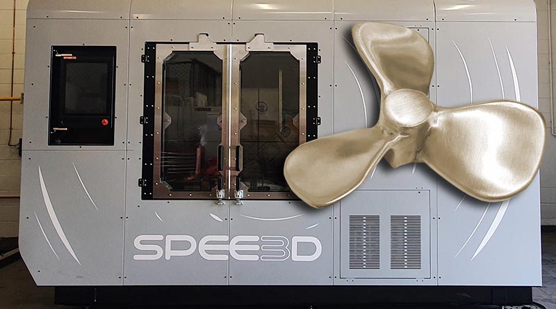 Navy WarpSPEE3D 3D metal Printer installed at HMAS Coonawarra, Darwin – with (inset) a part printed in the machine. Images supplied.