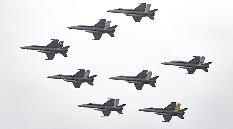 A RAAF 77 Squadron flypast to farewell the 'classic' Hornet. Photo by Daniel McIntosh.