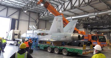 F/A-18A Hornet A21-022 being offloaded at the Australian War Memorial's Treloar Technology Centre, Canberra. Photo by Jamie Crocker.