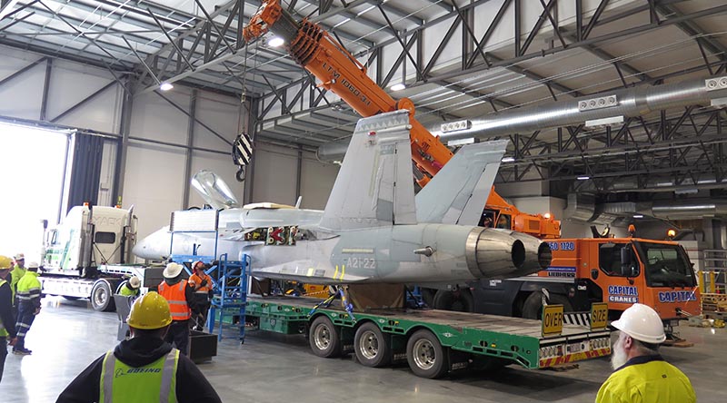 F/A-18A Hornet A21-022 being offloaded at the Australian War Memorial's Treloar Technology Centre, Canberra. Photo by Jamie Crocker.