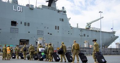 Australian Army soldiers from 6th, 7th, 16th and 17th Brigades board HMAS Adelaide at Port of Brisbane, before they deploy to Fiji tp provide humanitarian assistance and disaster relief. Photo by Corporal Dustin Anderson.