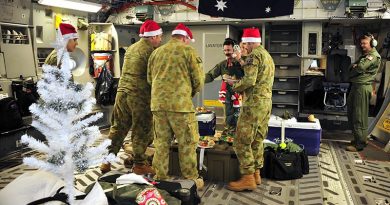 Aircrew from No. 36 Squadron, RAAF Base Amberley, enjoy a semi-traditional Christmas lunch onboard a C-17A Globemaster in transit to the Middle East. Photo by Sergeant W Guthrie.