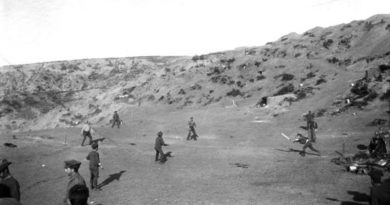 Major George Macarthur Onslow of the Light Horse plays and awkward ball and is caught out during a cricket match played on Shell Green, Gallipoli, as one of many distractions used to fool the Turks about the imminent withdrawal of allied troops. AWM G01289.