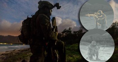 Australian Army officer Lieutenant Jackson Healy, 2RAR, on Exercise RIMPAC 2018. INSETS: Top; a fused image in 'outline' mode and bottom; a regular night-vision image. The minister also supplied the main image to illustrate this story, but we don't know if the device Lt Healy is wearing is the device in question. Main photo by Corporal Kyle Genner.