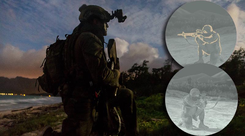 Australian Army officer Lieutenant Jackson Healy, 2RAR, on Exercise RIMPAC 2018. INSETS: Top; a fused image in 'outline' mode and bottom; a regular night-vision image. The minister also supplied the main image to illustrate this story, but we don't know if the device Lt Healy is wearing is the device in question. Main photo by Corporal Kyle Genner.