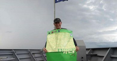 HMAS Glenelg's Commanding Officer Lieutenant Commander Jared Webb after completing his marathon challenge for the Running for Premature Babies charity.