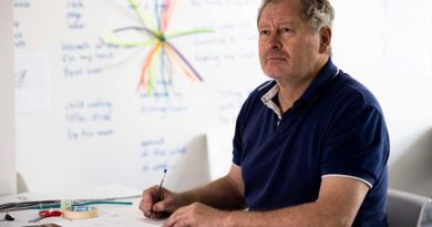 Squadron Leader David Wilkinson in front of his creative writing wall as part of the ARRTS 20.1 program. Photo by Corporal Robert Whitmore.