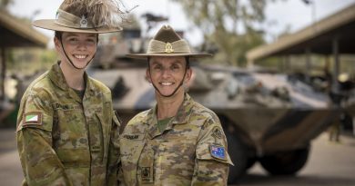 Trooper Aimee Doolan, from the 2nd/14th Light Horse Regiment (Queensland Mounted Infantry), left, and her mother, Warrant Officer Class 2 Julie Doolan, from the 7th Combat Brigade, at Gallipoli Barracks. Photo by Corporal Nicole Dorsett