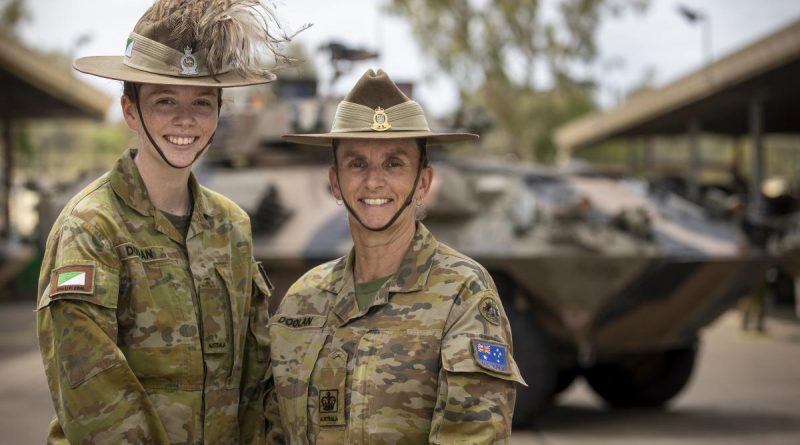 Trooper Aimee Doolan, from the 2nd/14th Light Horse Regiment (Queensland Mounted Infantry), left, and her mother, Warrant Officer Class 2 Julie Doolan, from the 7th Combat Brigade, at Gallipoli Barracks. Photo by Corporal Nicole Dorsett