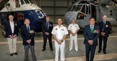 The first six recipients of the Australian Service Medal for Operation Bursa with the Commander Fleet Air Arm Commodore Don Dezentje, centre. Photo by Able Seaman Susan Mossop.