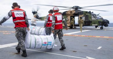 HMAS Adelaide sailors load disaster-relief supplies onto a MRH-90 Taipan bound for Nabouwalu on the island of Vanua Levu, Fiji, during Operation Fiji Assist 20-21. Photo by Corporal Dustin Anderson.