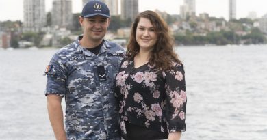 Leading Aircraftman Ryan Mills with his wife Ellen at Fleet Base East, Sydney.