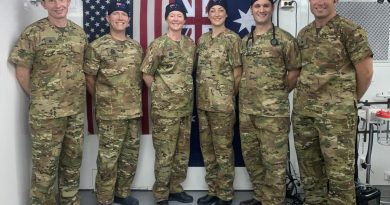 The ADF medical team embedded in Iraq’s Baghdad Diplomatic Support Centre, Afghanistan, Major Paul Smith, left, Captain Ian Young Lieutenant Commander Anna Kane, Captain Rachel Gillies, Major Adam Mahoney and Major Kyle Bender.