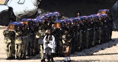 Australian Defence Force personnel from Australia’s Federation Guard carry the coffins of the 33 Australian service personnel and dependants repatriated from SE Asia from a Royal Australian Air Force C-17A Globemaster at RAAF Base Richmond on 2 June 2016. Original photo by Corporal David Gibbs, digitally stylised by CONTACT.