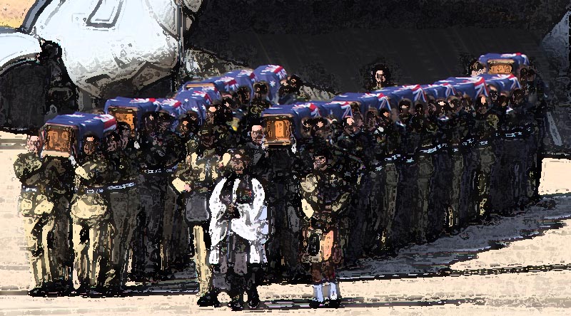 Australian Defence Force personnel from Australia’s Federation Guard carry the coffins of the 33 Australian service personnel and dependants repatriated from SE Asia from a Royal Australian Air Force C-17A Globemaster at RAAF Base Richmond on 2 June 2016. Original photo by Corporal David Gibbs, digitally stylised by CONTACT.