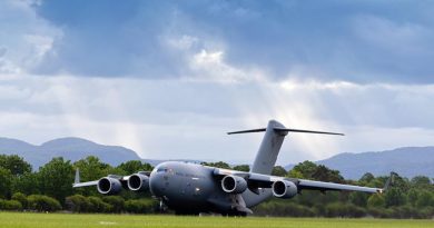 A No. 36 Squadron C-17A Globemaster lifts off from RAAF Base Richmond, New South Wales, taking aerial fire retardant to Western Australia. Photo by Corporal David Said.