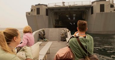 Evacuees from Mallacoota are transported to HMAS Choules. Photo by Petty Officer Helen Frank.