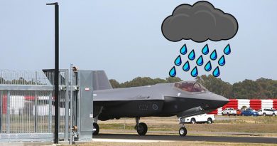 An F-35 JSF heads for the sheds at RAAF Base Williamtown. Original photo by Brian Hartigan.