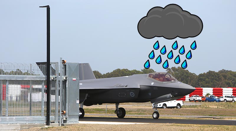 An F-35 JSF heads for the sheds at RAAF Base Williamtown. Original photo by Brian Hartigan.