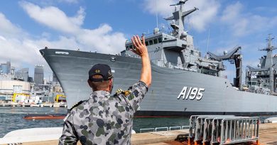 Commanding Officer of NUSHIP Supply, Captain Ben Hissink welcomes his ship to her home port, at Fleet Base East, Sydney. Photo by Leading Seaman Nadav Harel.