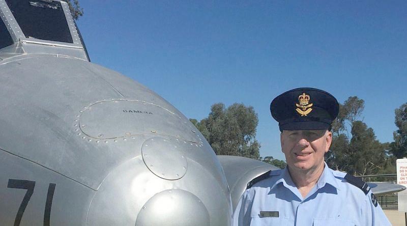Flying Officer Owen Zupp in front of a Gloster Meteor aircraft at RAAF Base Wagga.