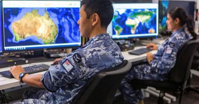 Corporal Yasunari Fujimura and Aircraftwoman Amandeep Kaur, from Distributed Ground Station – Australia, prepare for last year’s Exercise Coalition Virtual Flag. DGS-AUS is now No. 83 Squadron. Photo by Leading Aircraftwoman Jacqueline Forrester.