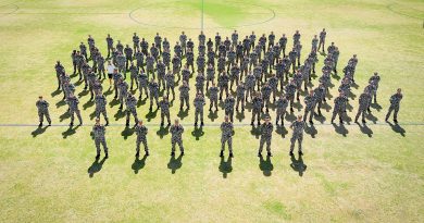 NUSHIP Stalwart's crew form for the first time on the sports field of HMAS Stirling, Western Australia. Photo by Leading Seaman Richard Cordell.